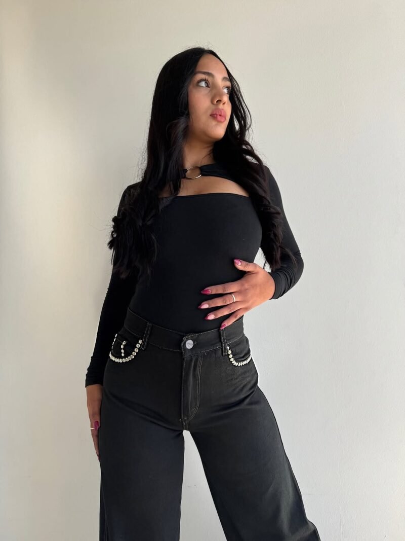 JEANS WIDE LEG NEGRO C/ TACHAS  #09 - Imagen 6